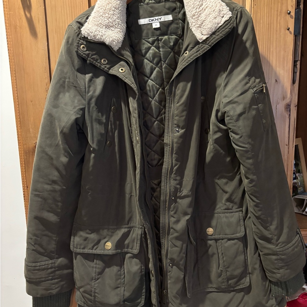 DKNY Women's Green Utility Jacket with Faux Fur Trim